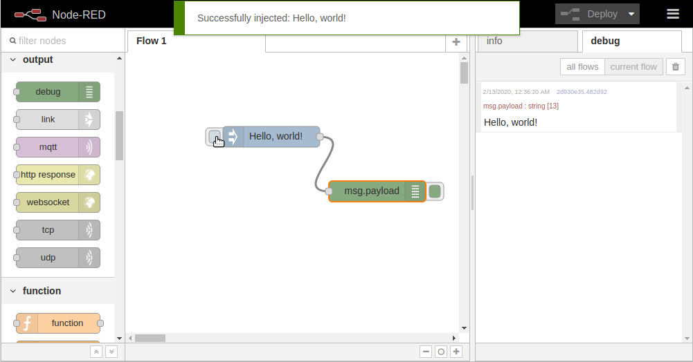 Node-RED Hello world